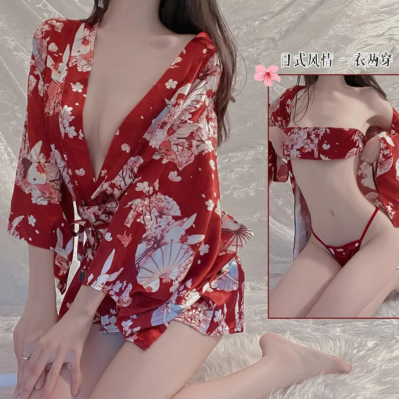 

Kawaii Lingerie Robe Cosplay Clothes Japanese Kimono Sexy Lingerie Outfit for Women Traditional Robe Yukata Soft Belt 3pcs Set