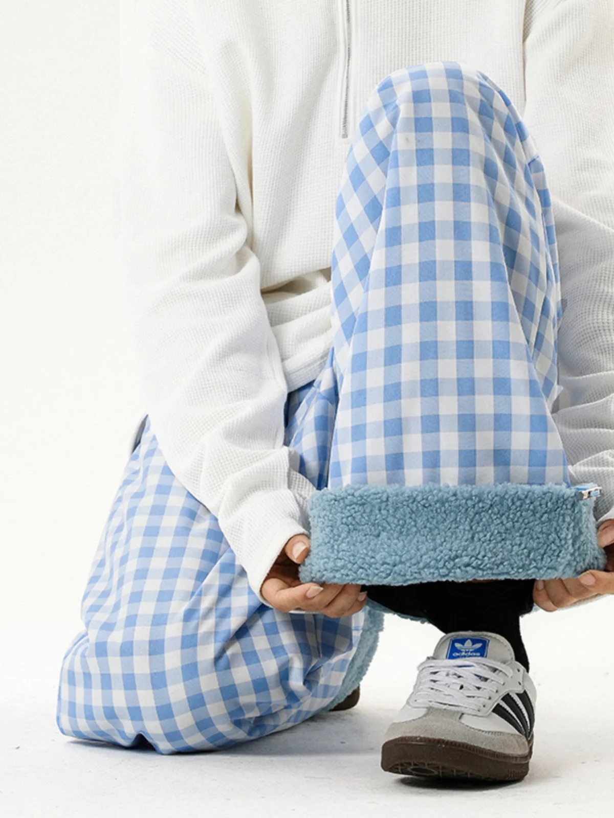 

Мужские зимние брюки синего цвета в клетку, утепленные флисом, оверсайз, в американском ретро-стиле, теплые хлопковые брюки прямого кроя, повседневные брюки