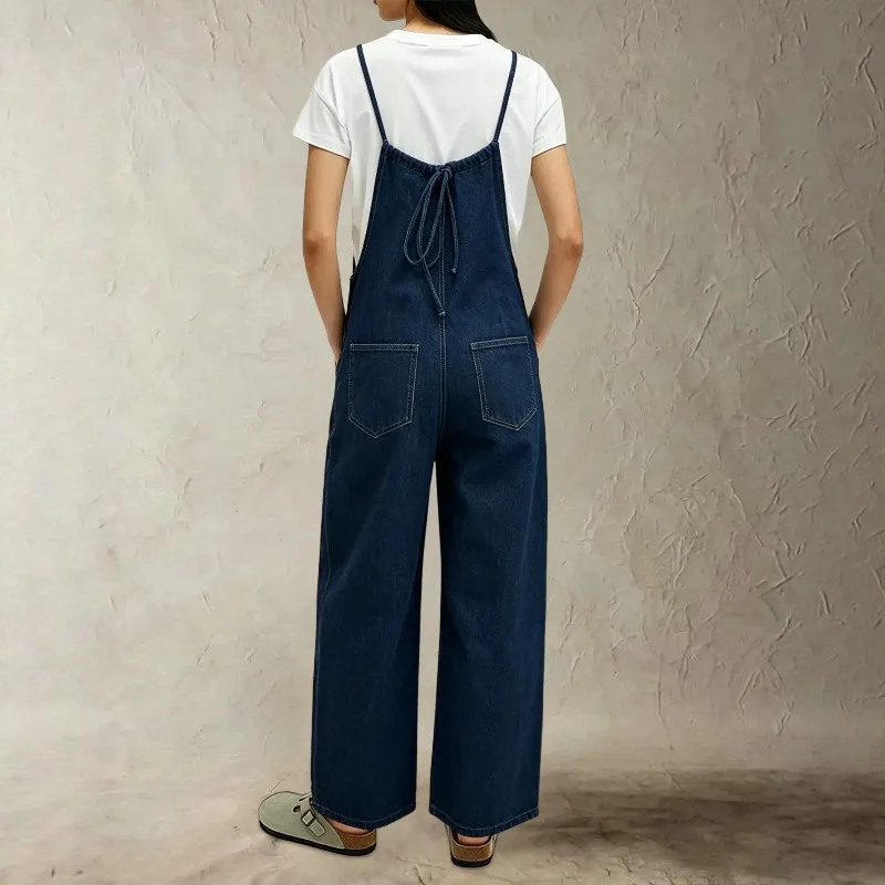 Spring Autumn Women Denim Overalls XL L Elasticity Adjustable Strap Loose Wide Leg Blue Jumpsuit M S Casual Ladies Long Pants