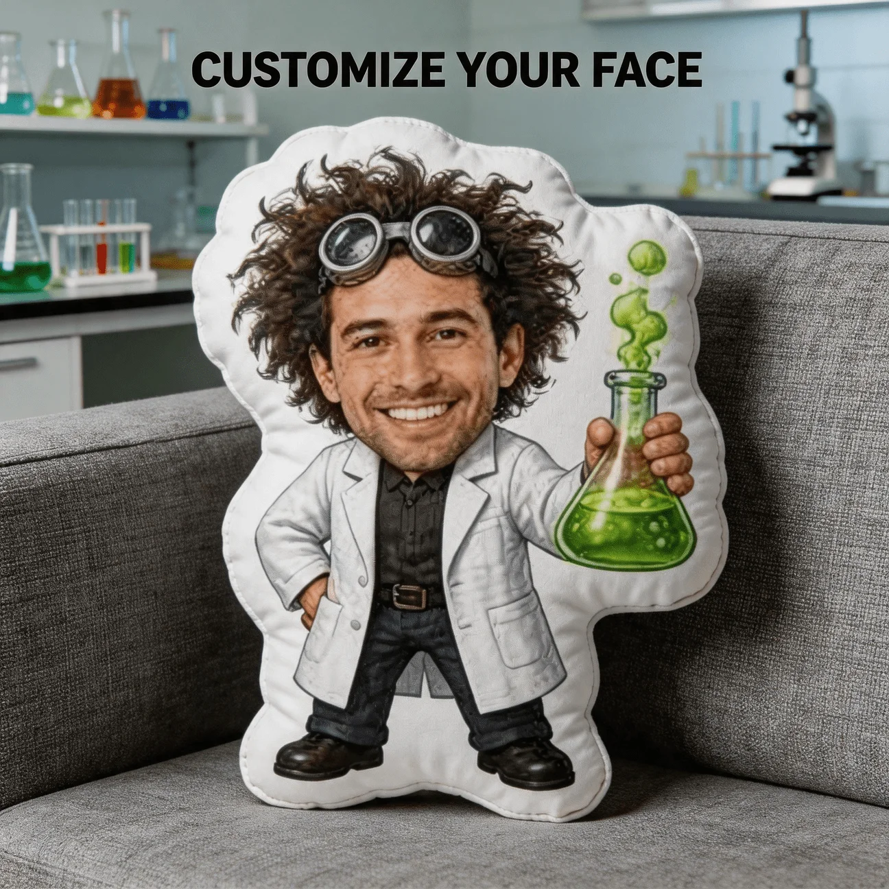 Custom Personalized Photo Face Pillow, Scientist Character Custom Shaped Decorative Cushion with Double-Sided Printing, 60cm Lar