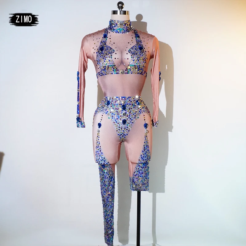 

glitter Colorful crystals jumpsuit long sleeve sexy nightclub party birthday wear leotard drag queen DS pole dance festival show