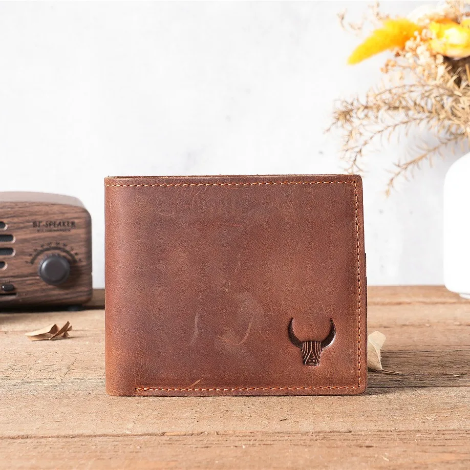 Handmade Genuine Leather Men Short Wallets With Coin Purses Vintage Crazy Horse Leather Coin Pocket Man Slim Cowhide Card Holder