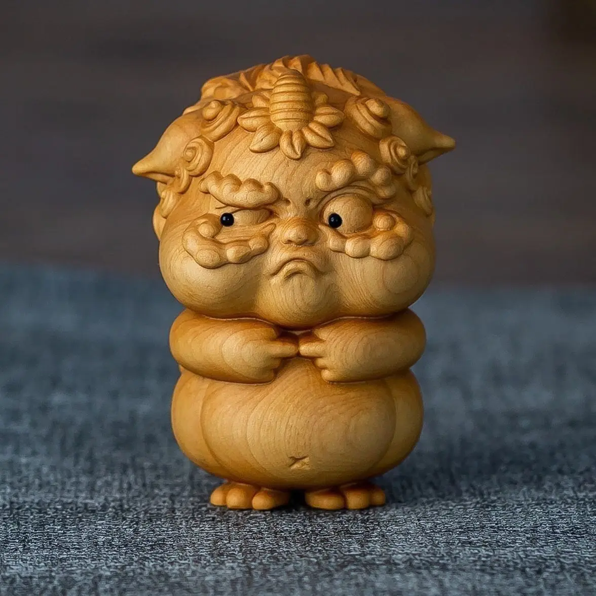 Hand Carved Wood Angry lucky pixiu Statue Figurine Desktop Ornaments Home Decoration