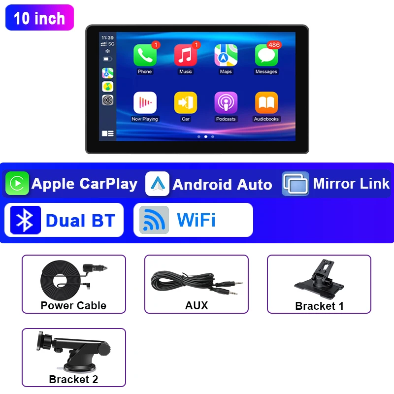Srnubi Universele 7 "10" inch Auto Draadloze Carplay & Android Auto Navigatie Achteruitkijkspiegel FM AUX Draagbare Multimedia Touchscreen