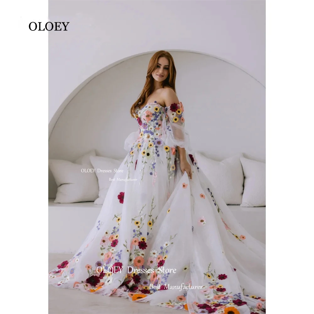 

OLOEY Flowers Lace Embroidery Tulle Fabric Braid Gowns Detachable Train Vestidos De Fiesta Strapless A-line فستان حفلات الزفاف