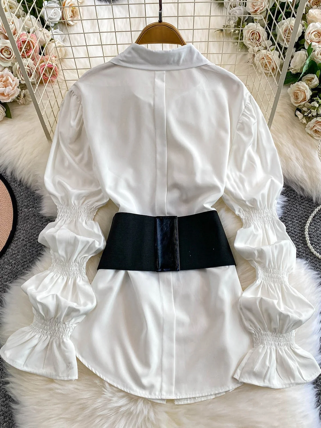 

Women's Lantern Sve irt Dr with Belt Slimming Pleated Design Autumn Faion Lady Sle Long Sve Casual Top