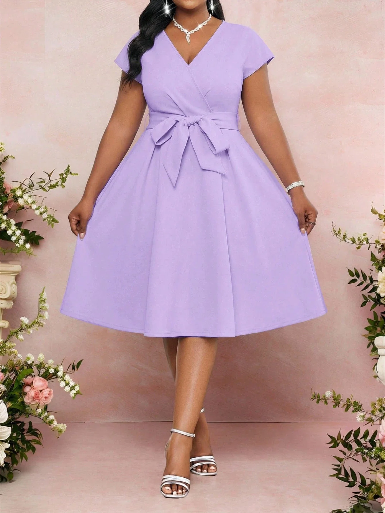 

Elegant Purple Wrap Dress With Bow Waist A-Line Knee Length For Women