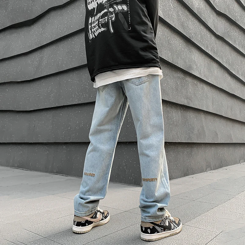 

TFETTERS Brand Baggy Embroidery Denim Pants Man 2024 New Spring Autumn Mid Rise Bleached Distressed Jeans Hip Hop Streetwear