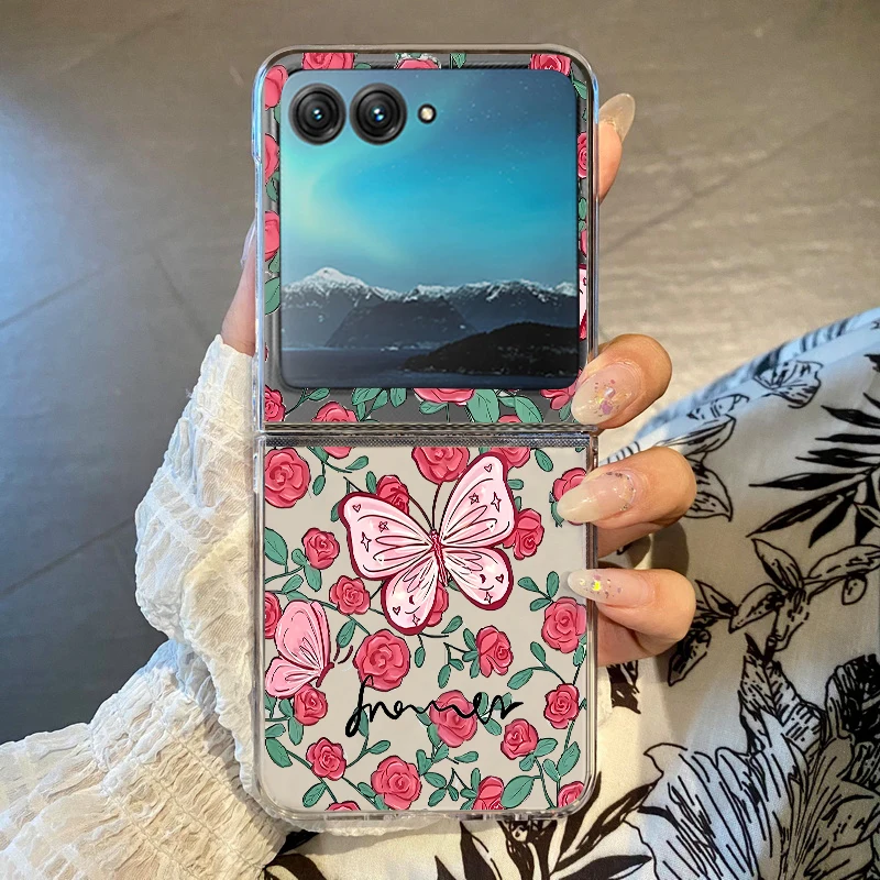 Klare Handyhülle mit Blumen-Bowknot-Motiv für Motorola Razr 50 40 Ultra Razr 40 Razr50, stoßfeste Stoßstange, transparent, faltbar, harte PC-Abdeckung