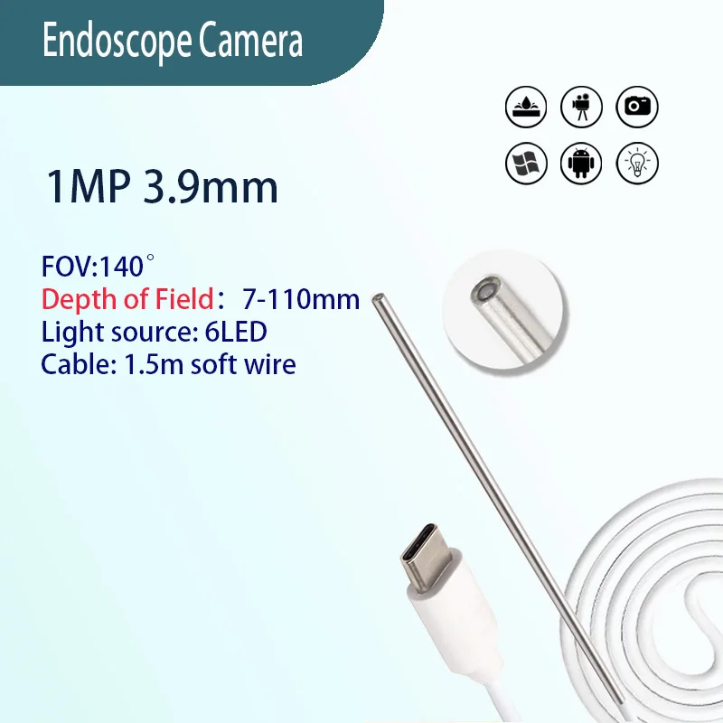

1MP 3.9mm FOV 140°wide angle endoscope camera automotive repair 1.5m Soft wireType-C interface endoscope camara