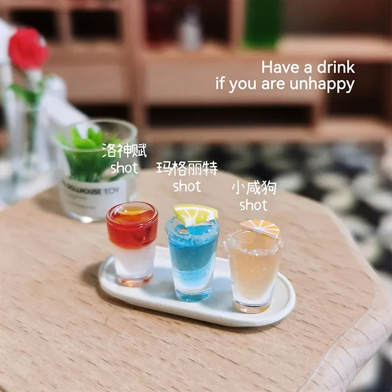 4Pcs Set 1:12 Scale Dollhouse Mini Cocktails with Tray Beverage Model Micro Scene DIY Decor Accessories