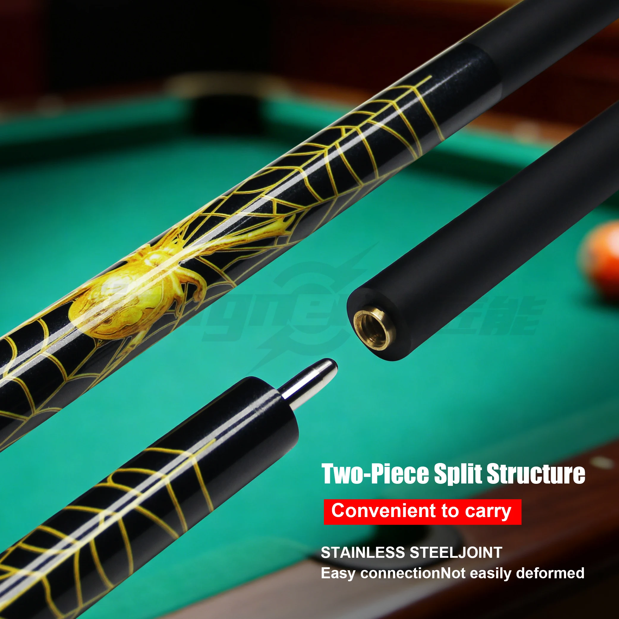 High-End Pool Cue 12mm Multi-Layer Tip Uni-loc Joint Pearlescent Black + Gold Spider Design 2-Piece Split Structure Glass Fiber