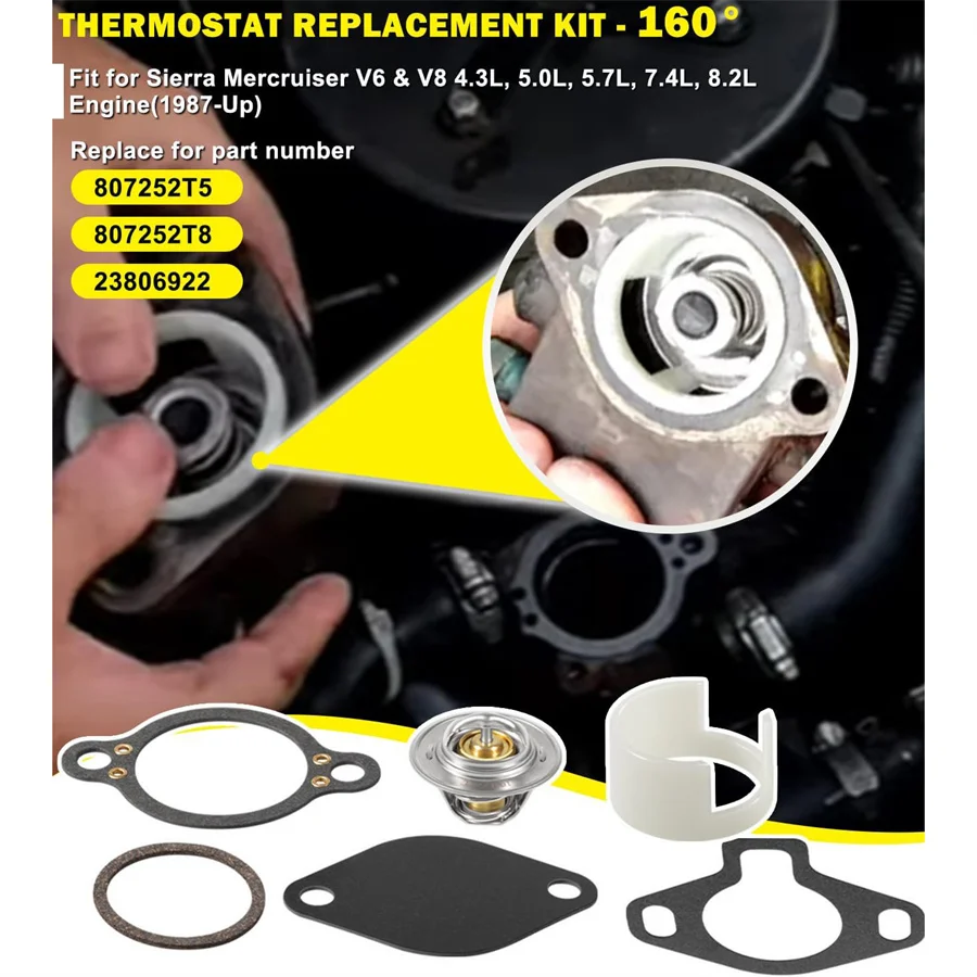 807252Q5 Thermostat-Kit 160 ° Mit Dichtungshülse 23-806922 für Sierra Mercruiser V6 V8 4.3L 5.0L 5.7L 7.4L 8.2L Motor 807252T5 – Detail 4