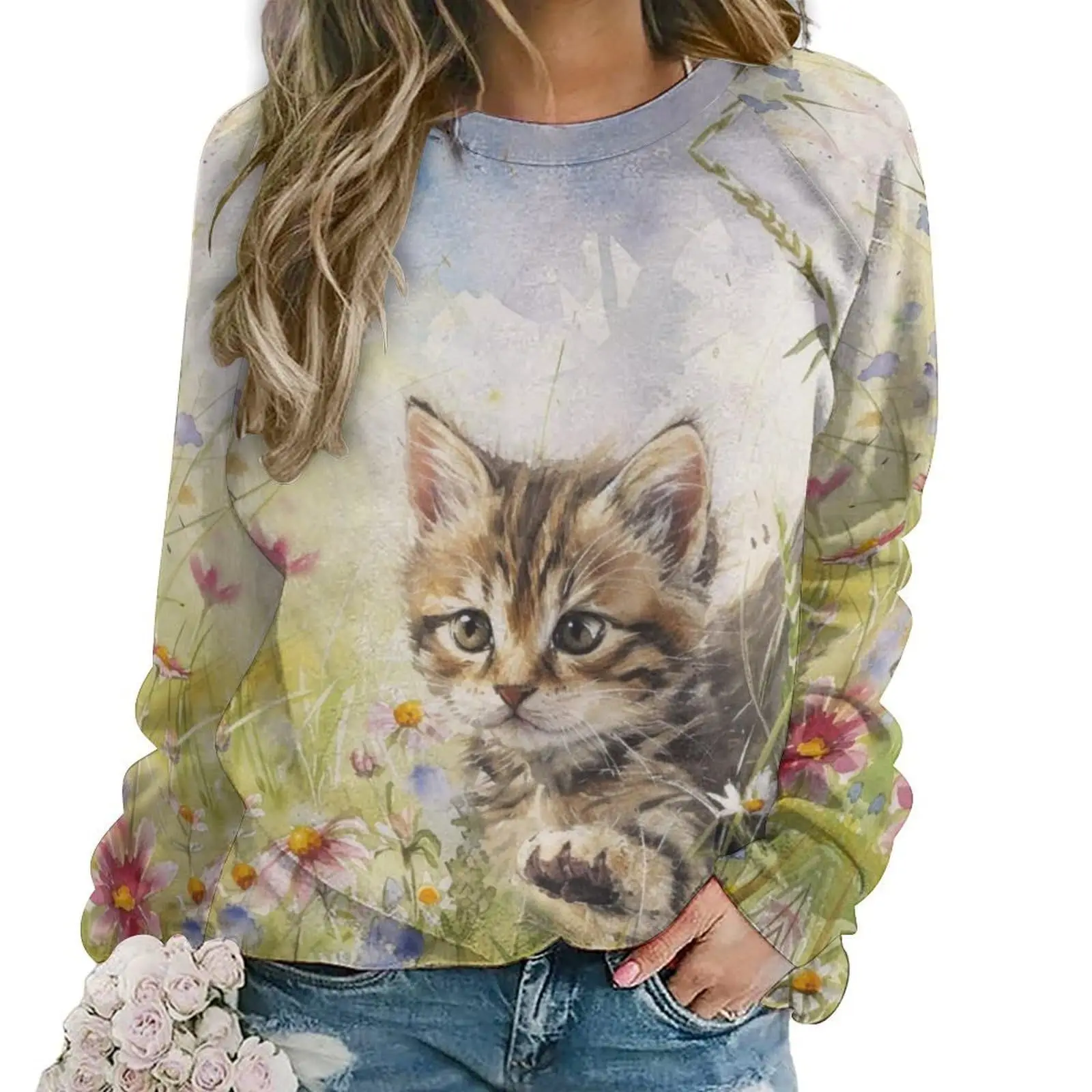 

Kawaii Cat Animal 3D Print Sweatshirts Autumn Women's Crew Neck Raglan Sleeves Hoodies Y2k Pullovers Harajuku Top Woman Clothing