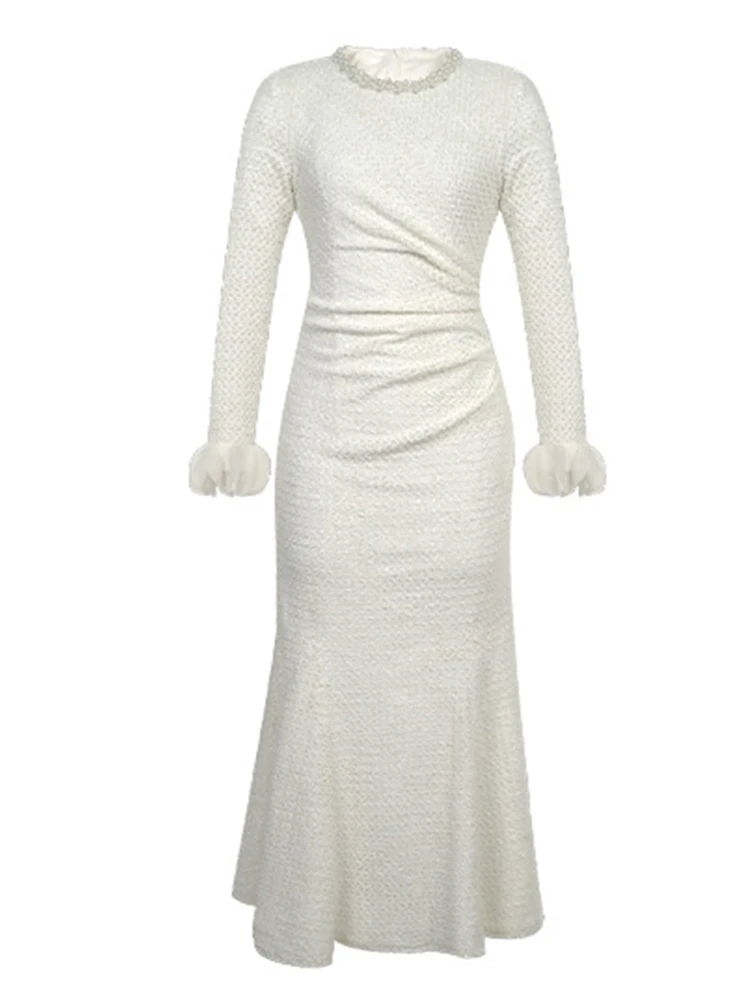 Vestiti delle donne Bianco Perla O-Collo Sottile Midi Abito a coda di pesce Elegante Lady Fashion Party Prom Abiti Robe Occasioni formali Casual