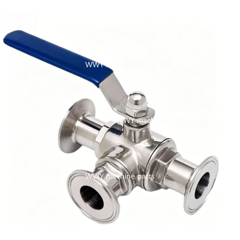 Sanitary Stainless Steel T Port Three Way Ball Valve SS304 SS316L Ring Lock End OD19~64mm
