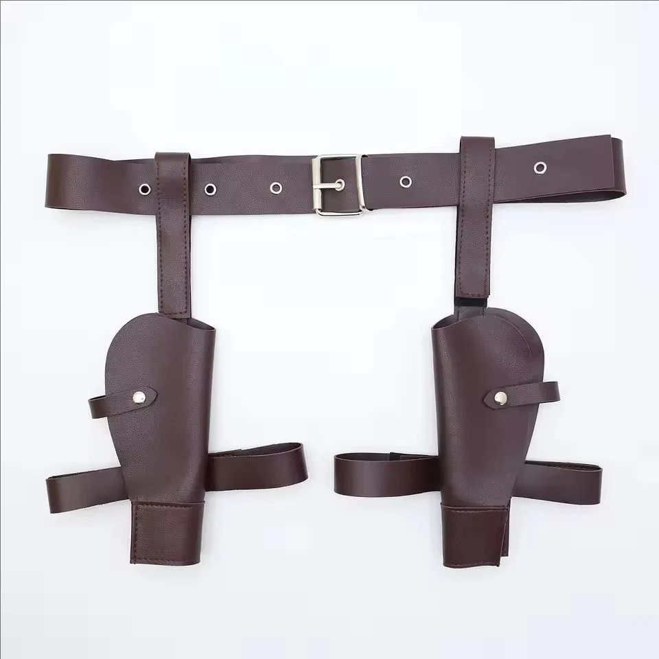 Sabuk Berburu Kulit Imitasi Gaya Barat Vintage untuk Pria, Sabuk Holster Pistol Ganda yang Dapat Disesuaikan, Multi-fungsi Multi-Saku
