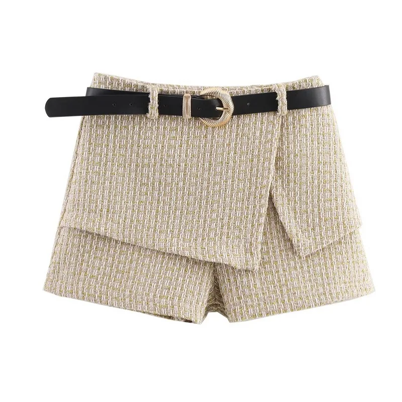MUJER 2025 ベルトツイードショーツ レディース ハイウエスト ミニスカート ショーツ 女性用 サマーフィットネス レディースショーツ ノースリーブベスト レディース