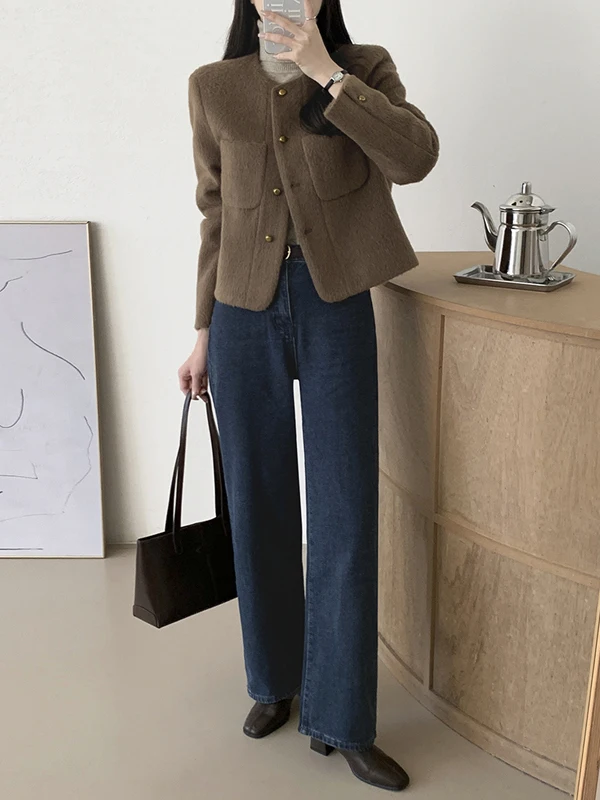 سترة كورية Sle Ele مستديرة Ne ort من الصوف Jaet بزر واحد مفتوح سترة أنيقة للنساء معطف شتوي أنيق #2