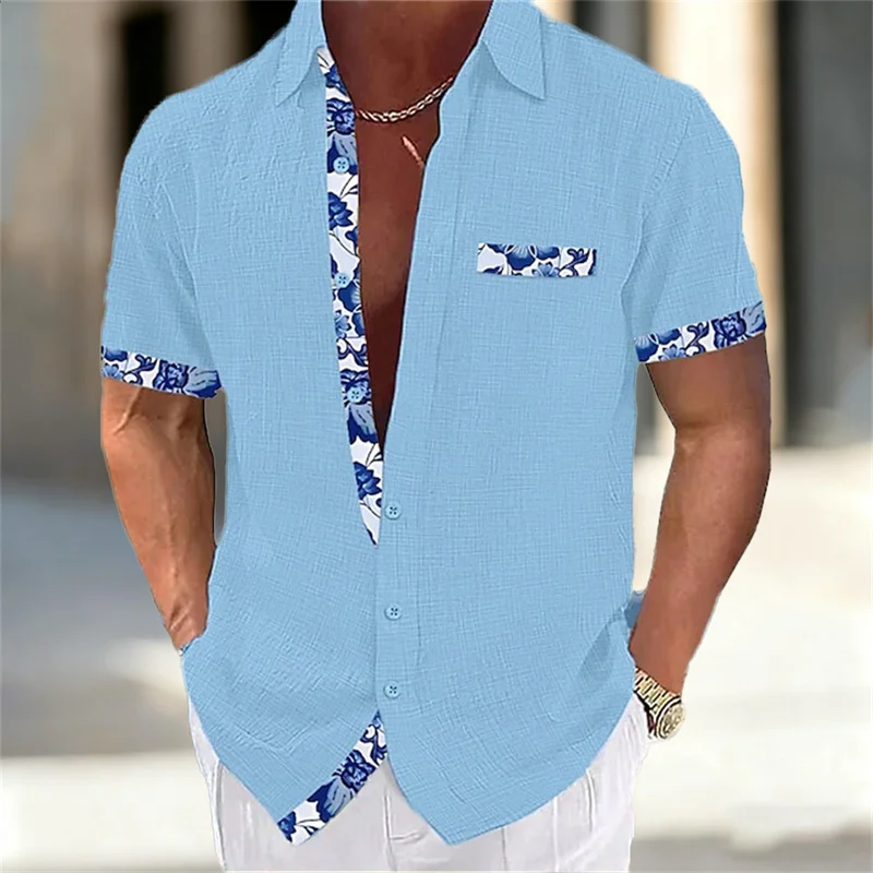 Men's Retro Blue and White Porcelain Patchwork Short-Sleeve Shirt, Breathable Cotton Linen Casual Loose-Fit Shirt, Sizes XS-6XL