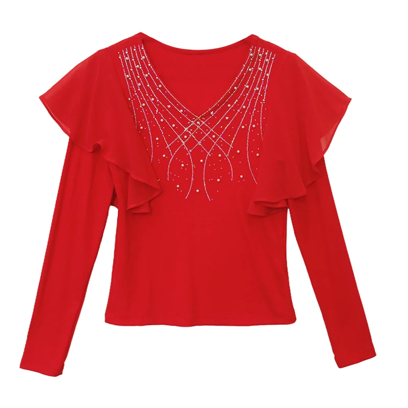 

2025, новинка, европейский, одежда, хлопок, футболка, шикарный, сексуальный, с v-образным вырезом, блестящие, бриллианты, оборки, женские, топы, длинный рукав, сверление, горячие, футболки 510008