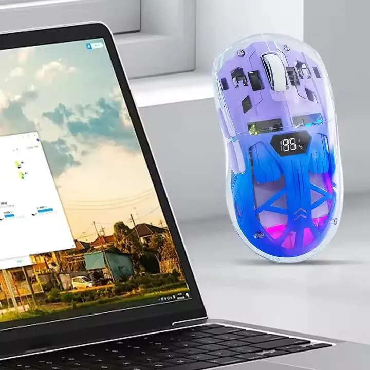 ماوس واجهة USB مزدوج الوضع 2.4G لاسلكي بإضاءة خلفية RGB شحن شفاف مضيء للاستخدام المكتبي للألعاب والرياضات الإلكترونية