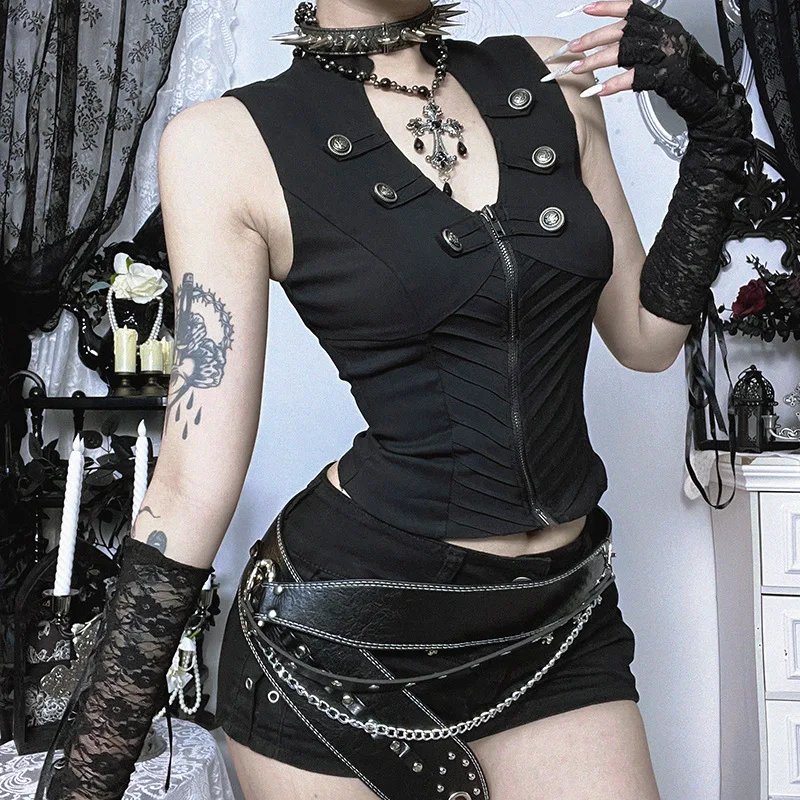 

Женский жилет в стиле Y2K 2000-х годов, уличный стиль, с V-образным вырезом, оверсайз, с пуговицами и молнией, без рукавов, в готическом винтажном стиле