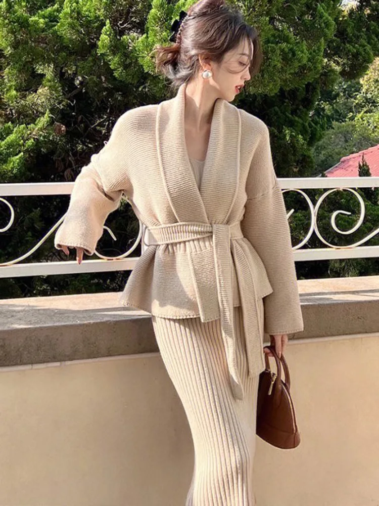 New Autumn Winter Knitted Dress Sets Women Korean Fashion Long Sleeve Cardigan Coat + Bodycon Sling Dresses Two Piece Set Suits