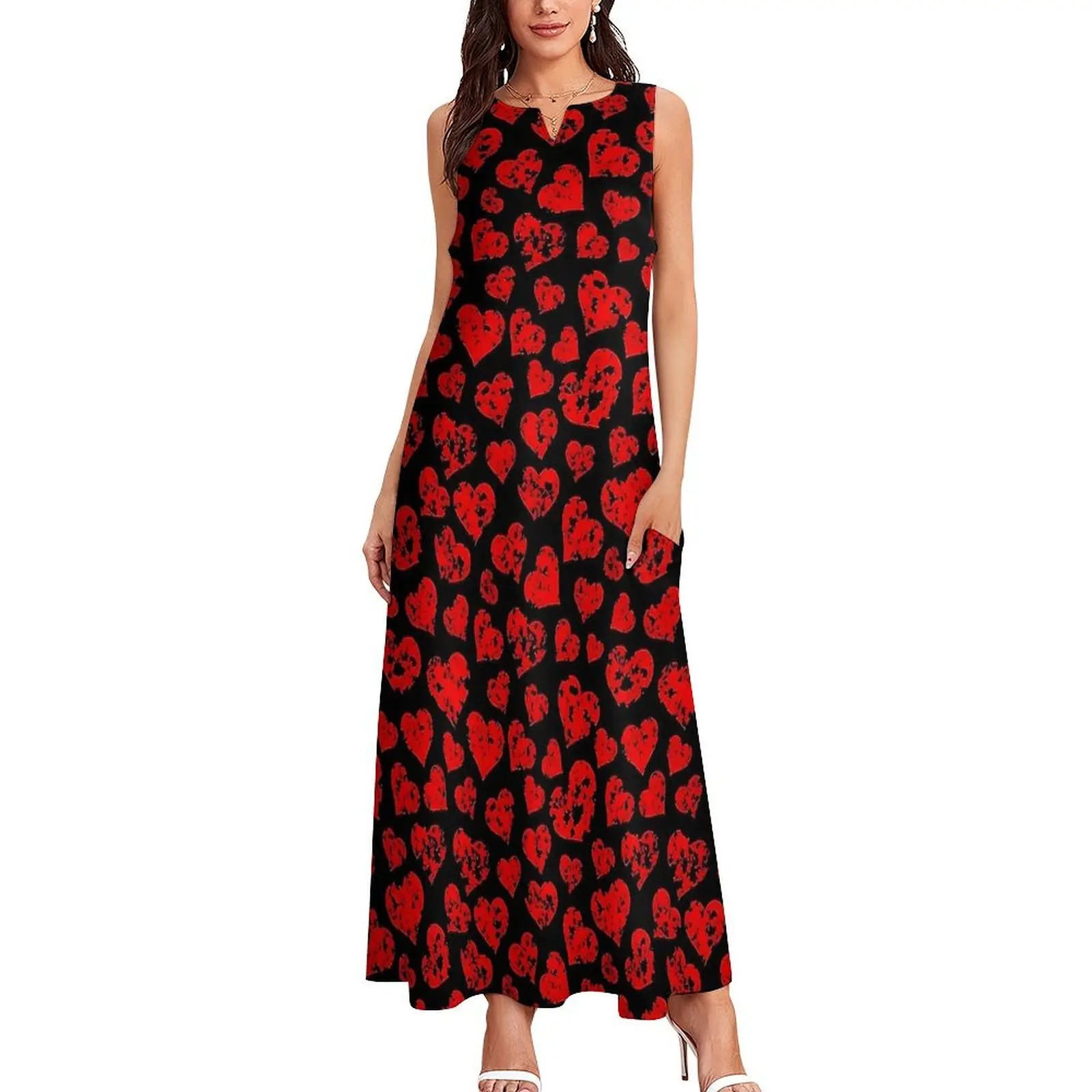 Red Hearts Print Dress Summer  Aesthetic Casual Long Dresses Women Elegant Maxi Dress Birthday Gift