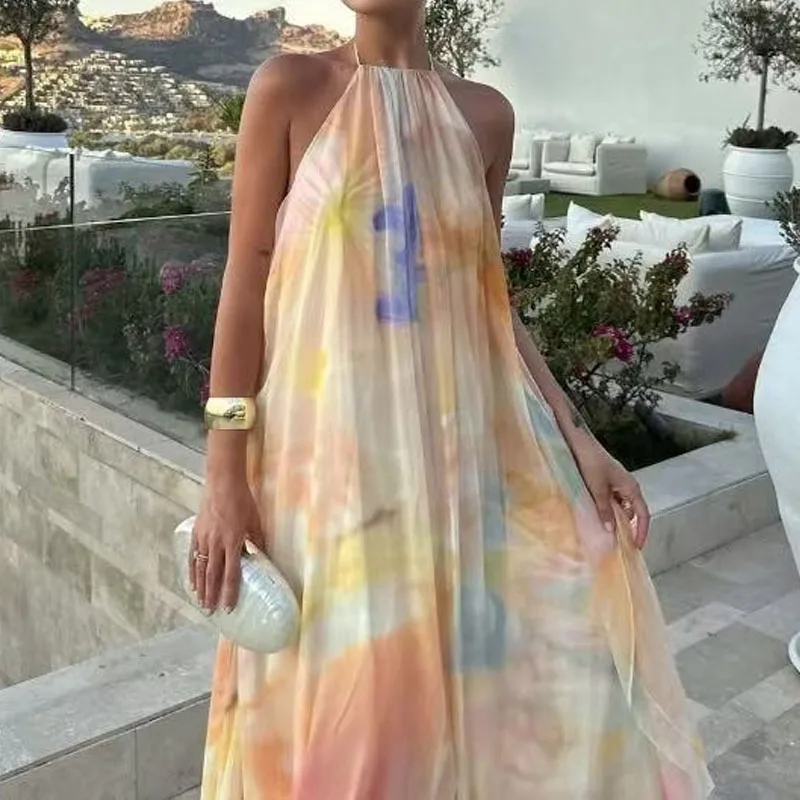 مثير بلا أكمام عارية الذراعين الدانتيل متابعة فستان طويل المرأة أنيقة الرسن جوفاء فستان مناسبات موضة نمط طباعة فساتين الحفلات فضفاضة