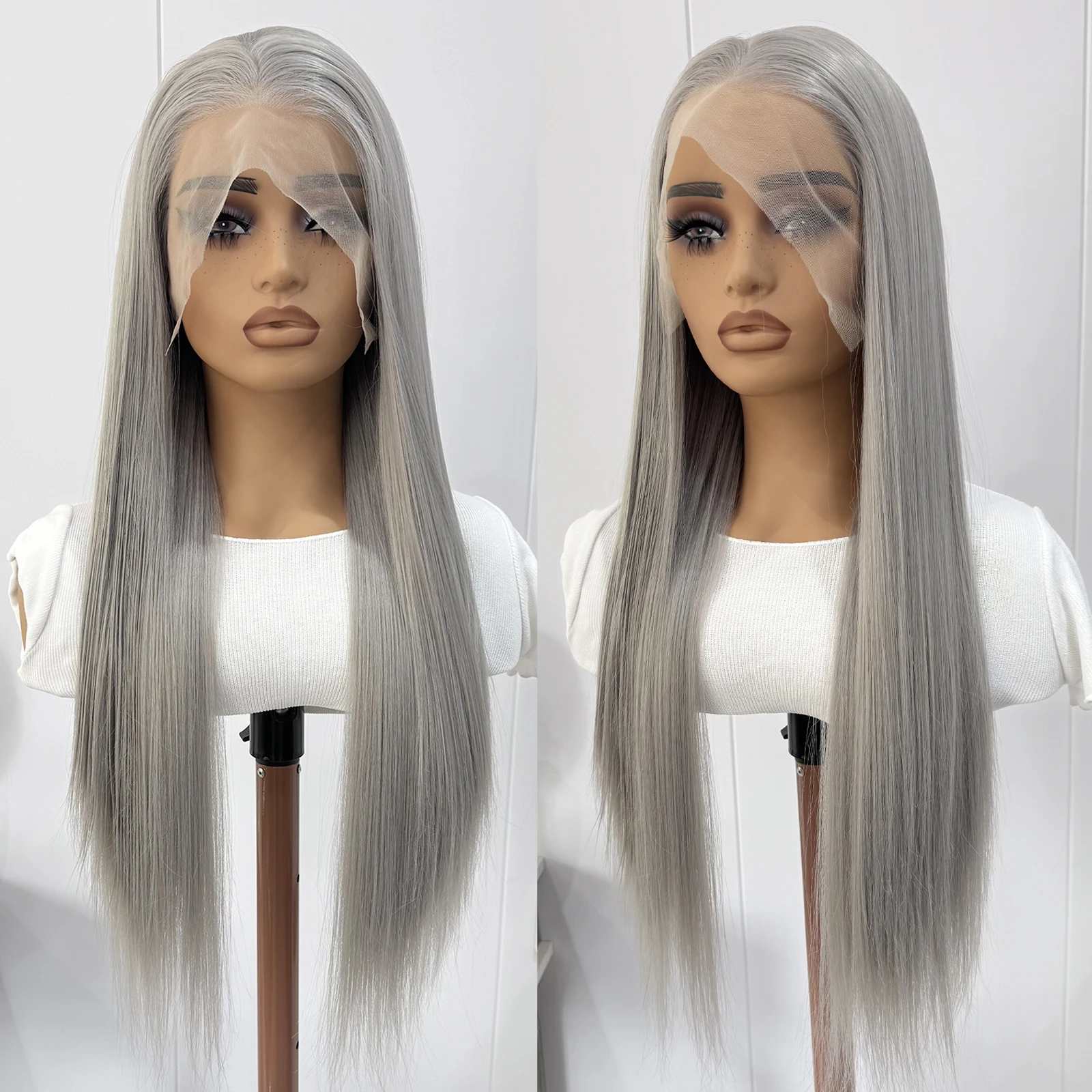 

Светло-серый парик спереди, длинные шелковистые прямые синтетические парики для женщин, термостойкие, для повседневного использования, парик для косплея, естественная линия волос
