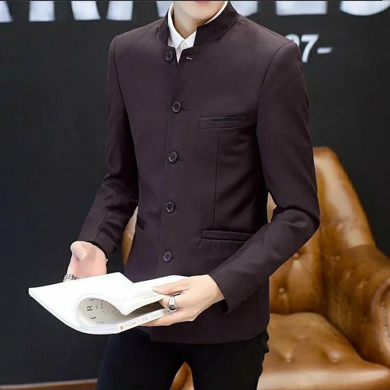 

Men's Tailored Stand Collar Suit Slim Fit Youthful Stylish Autumn Fashionable Outerwear Casual Long Sleeve Polyester Blend