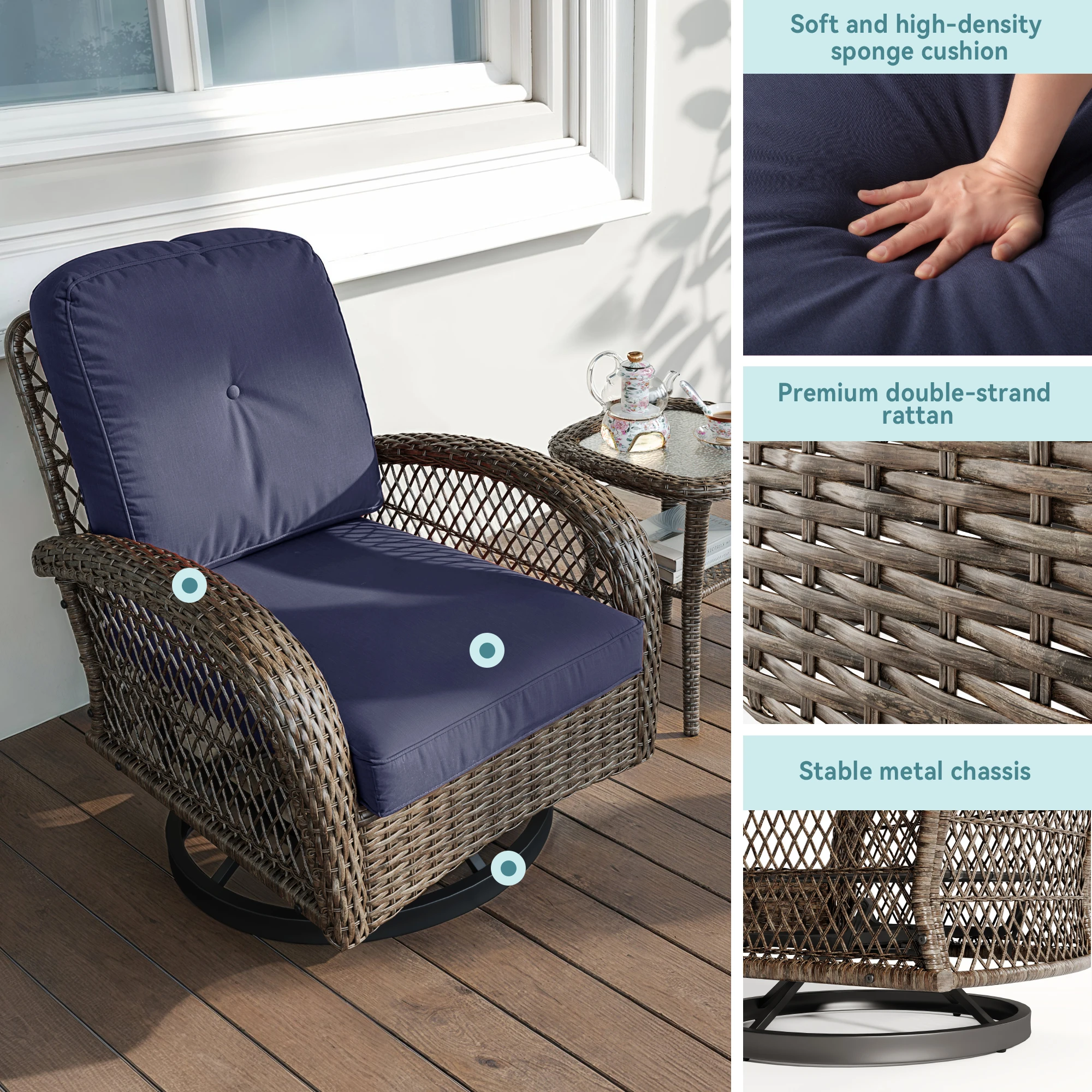 Pieces Patio Furniture Set, Patio Bistro Set, Outdoor Rotating Rocking Chair Set, Cozy and Padded Cushions Alleiwe
