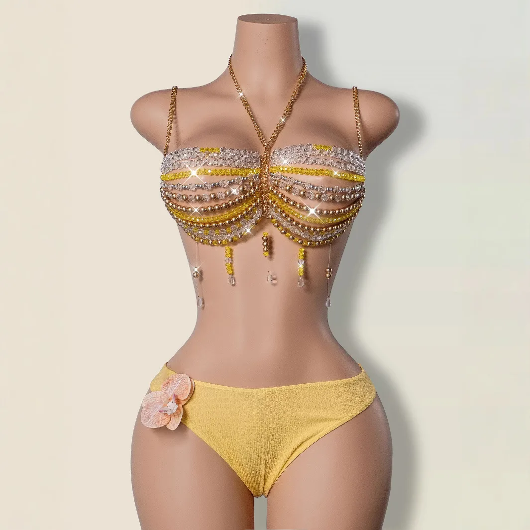2025 Golden Beading Crystal Bra Chain for Women Bikini crop tops beach party halter Camis Sexy summer night club breast chain