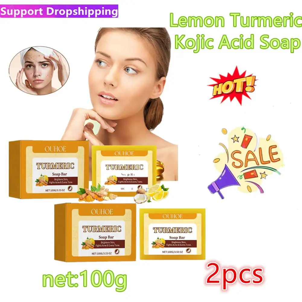 

2pc Lemon Turmeric Kojic Acid Soap Bar Turmeric Face And Care Body Soap Care Skin Body Oil Removal 100g Acne Soap Whitening Skin