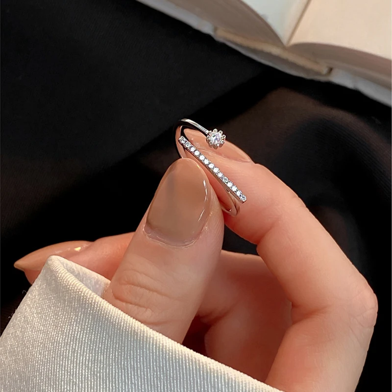 Sterling Silver Geometric Flash Diamond Open Ring Fashion Personality Index Finger Ring Women's Party Jewelry Gift