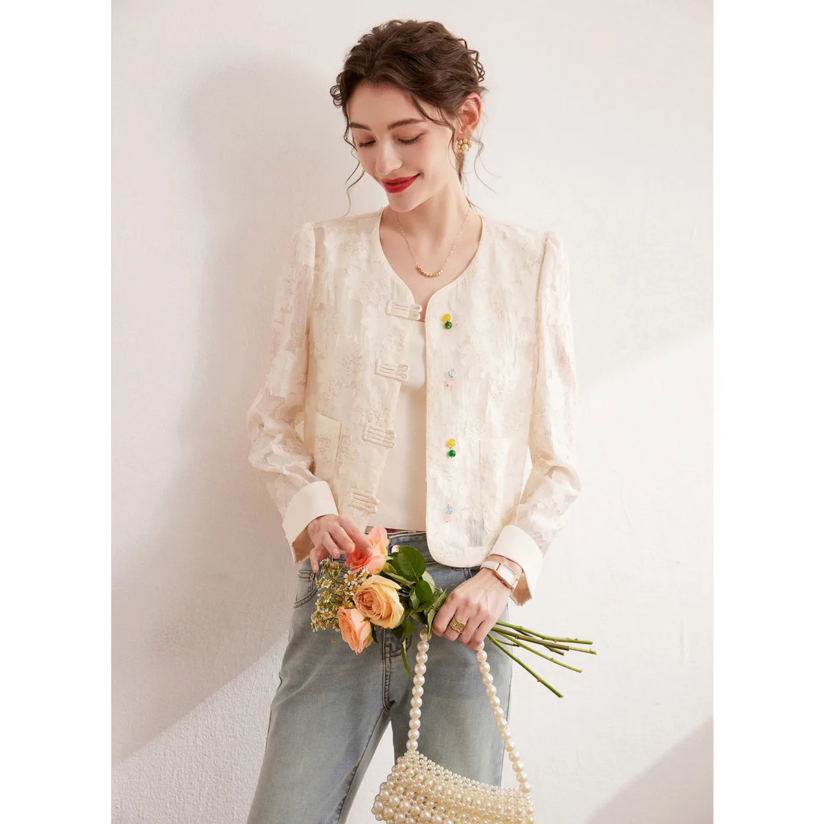 LOUIS YAO 2024 Autumn V-neck Button Decoration Long Sleeve Non-elastic Women's Jacket Elegant Jacquard Sequin Cardigan