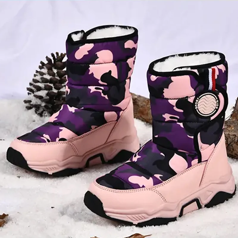 Children Snow Boots Girls Winter Warm Cotton Boy Children Shoes Rubber Sole Anti Skid Waterproof Sandproof Platform Sports Boots