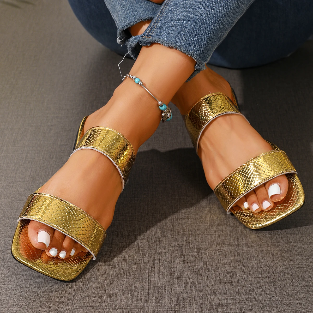 

Metallic Gold Square Toe Slide Sandals, Women's Snake Print Open Toe Slip-On Sandals for Vacation