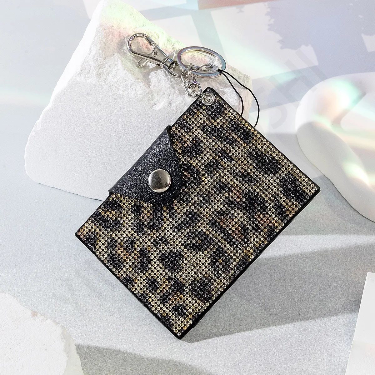 NEW Leopard Print Card Bag Holder Shiny Diamond Card Wallet Coin Purse with Keychain Ring for Women