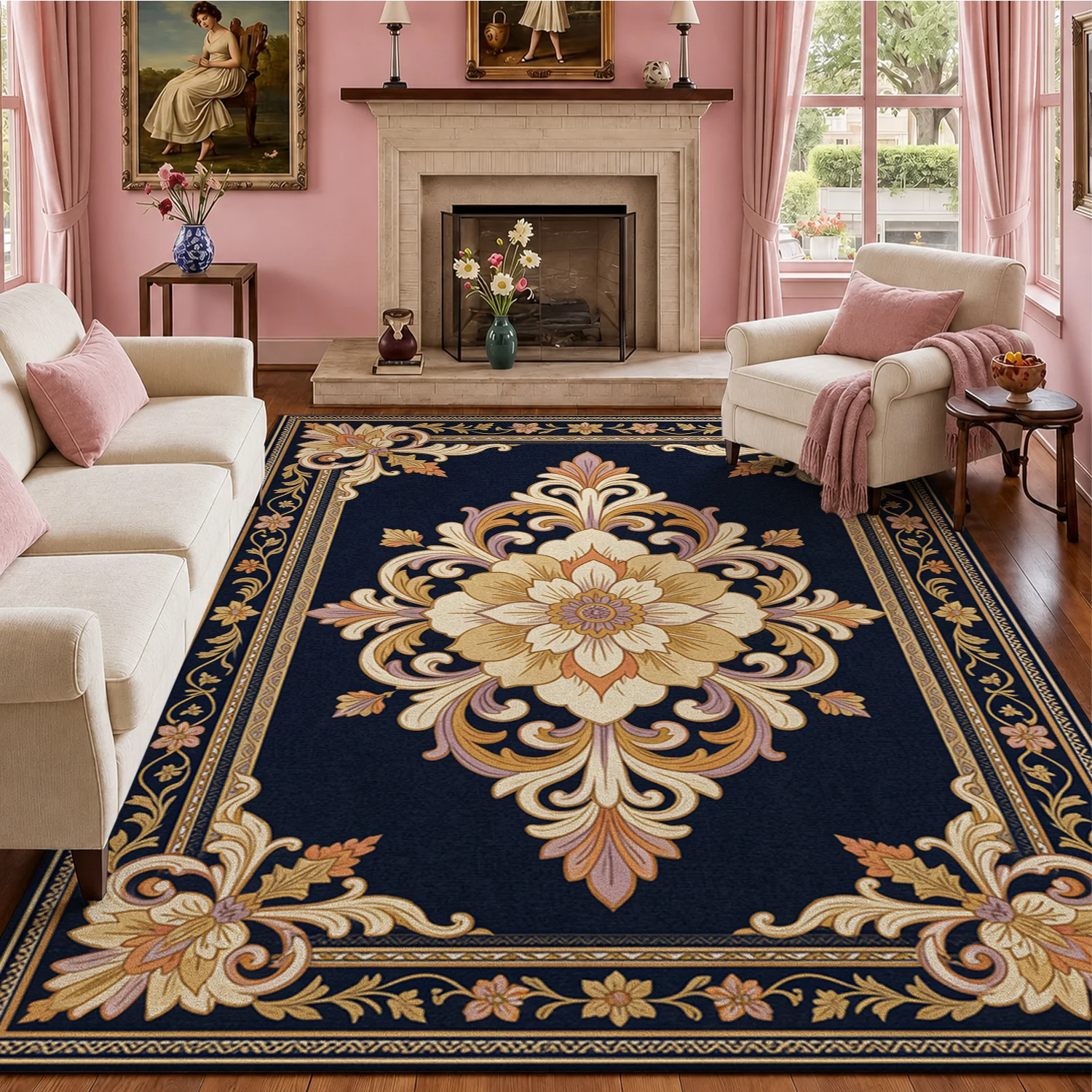 Ornate Baroque Floral Medallion Area Rug, Soft Velvet Fabric, Machine Washable, Suitable for Living Room, Bedroom, Dining Room, Entryway, Great for Halloween, Thanksgiving, Black Friday, Christmas, New Year Home Decoration