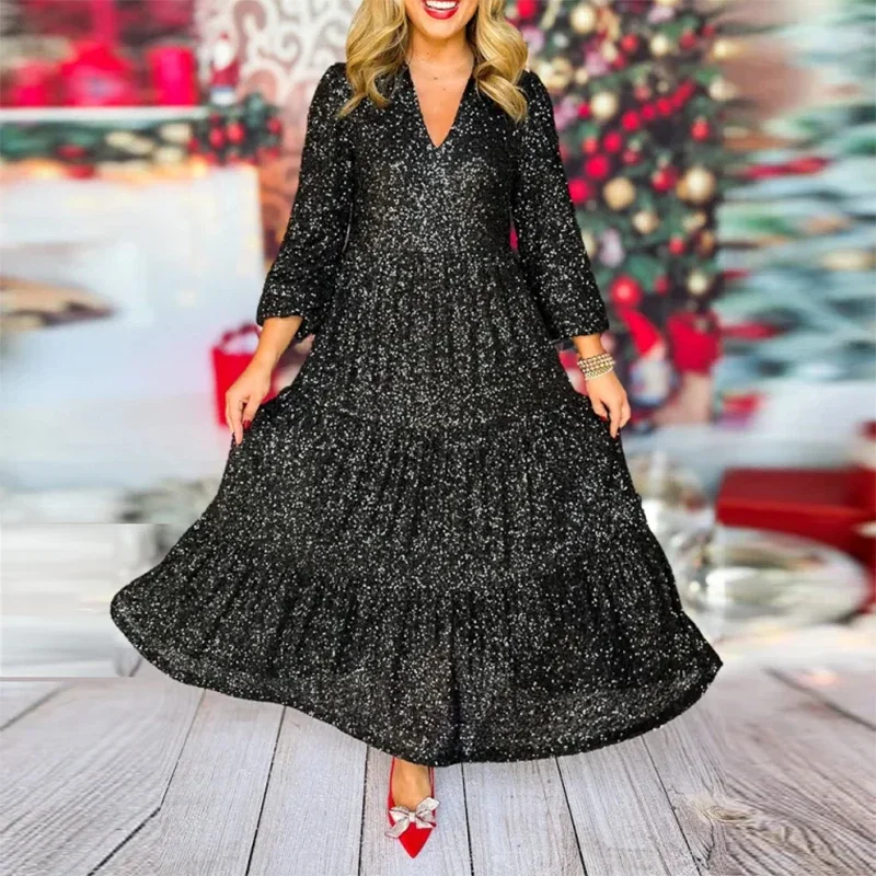 

Autumn Glitter Sequin Shiny Christmas Dress Women Elegant V Neck Loose Hem Long Dress Winter Long Sleeve Pleated Evening Dresses