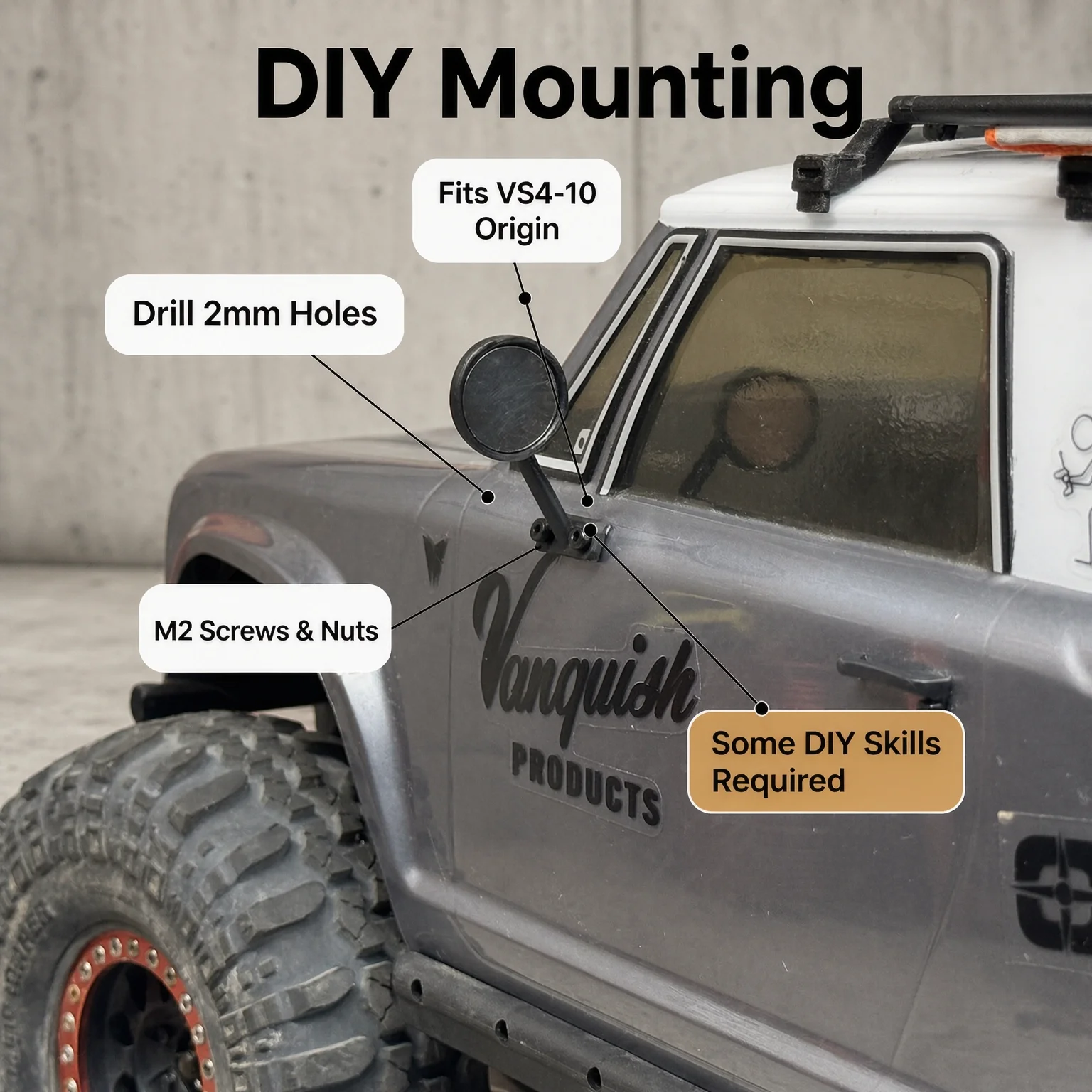 Fits Vanquish VS4-10 Origin Ultra Pro Vintage Round Silicone Side Mirrors Pair Black Soft  1/10 RC Crawler Upgrade OP Parts