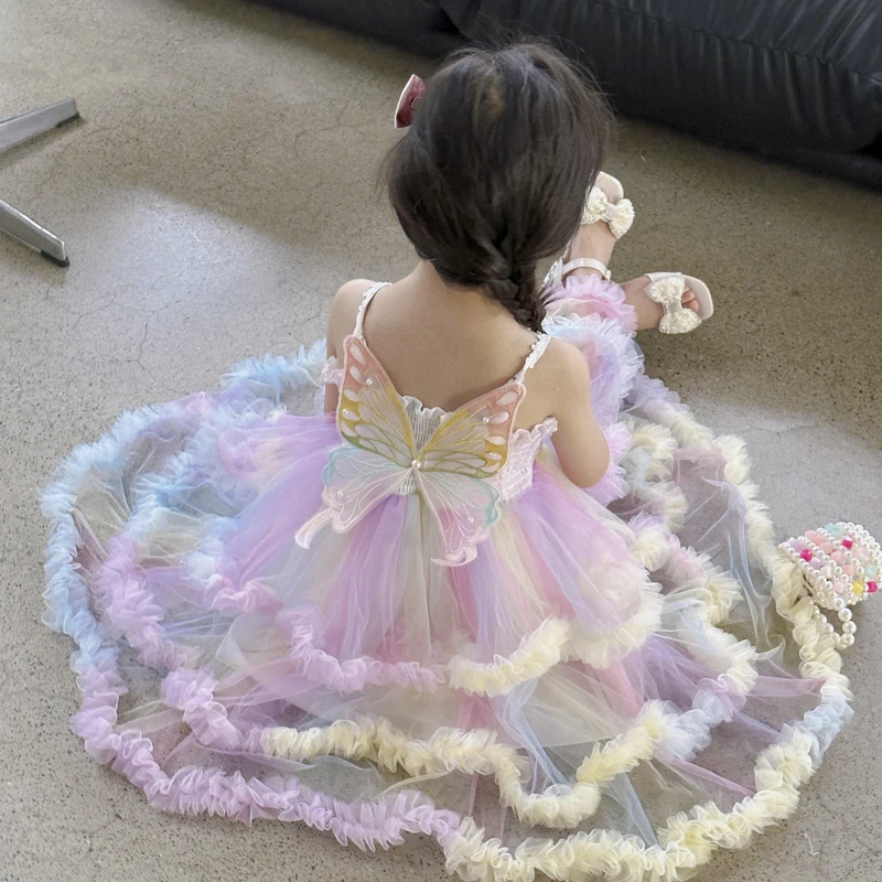 Baby Girls Clothes Princess Dresses Girl\'s Rainbow Yarn Dress Lace Ruffle Butterfly Fairy Dress Children toddler Girl Long Dress