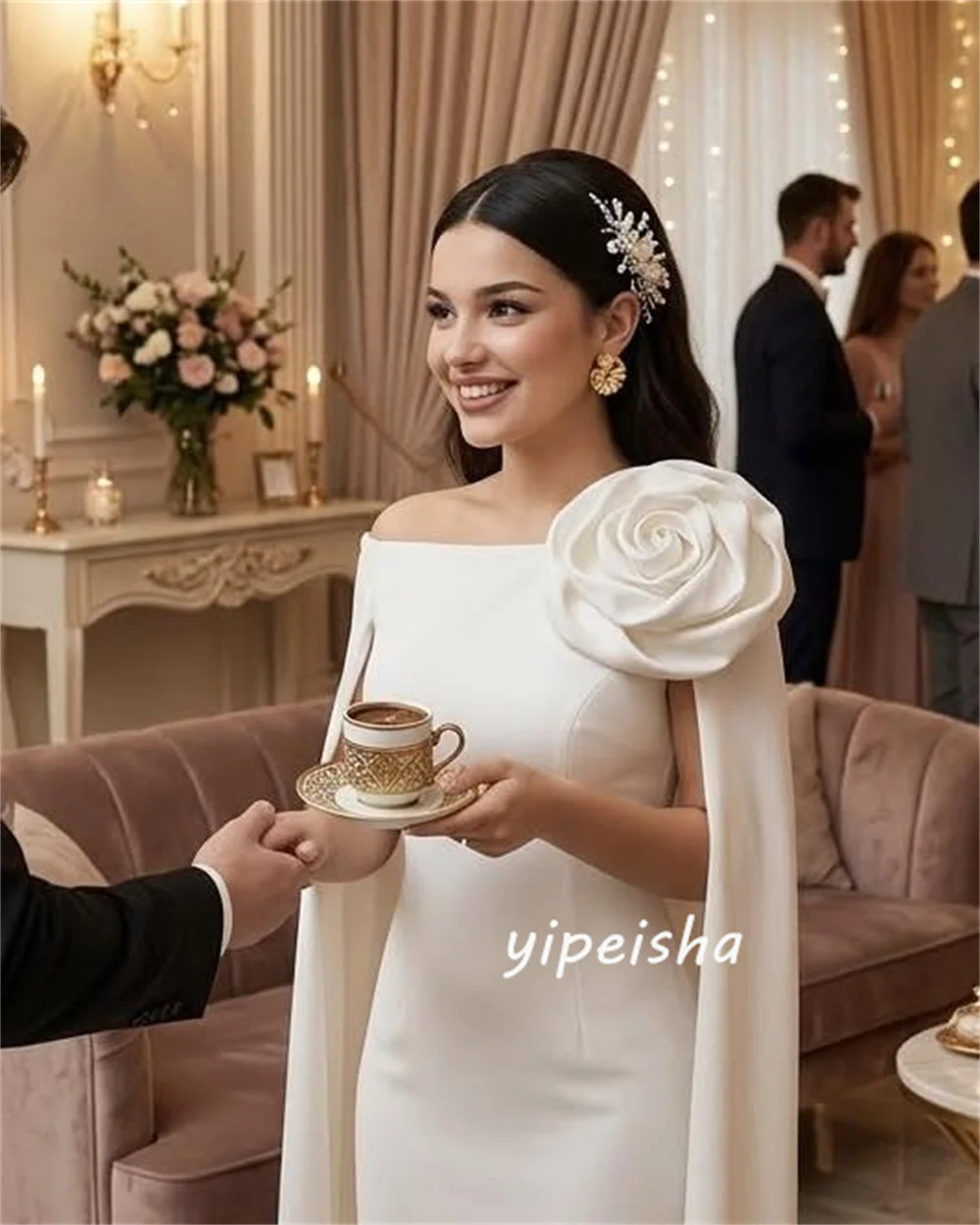 

Customized Beige Matching Fashion Jersey Handmade Flower Pleat Mermaid Off-the-shoulder For Birthday Party Chinese Style