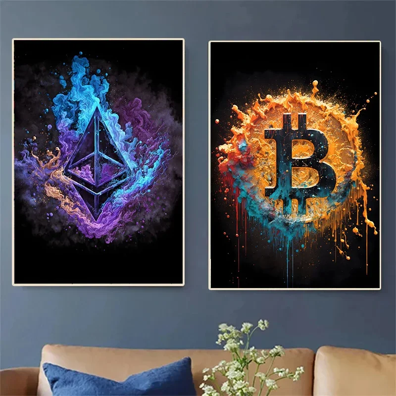 Watercolor Crypto Splatter Bitcoin Ethereum Poster ETH BTC Crypto Virtual Coins Canvas Painting Wall Art for Living Room Decor
