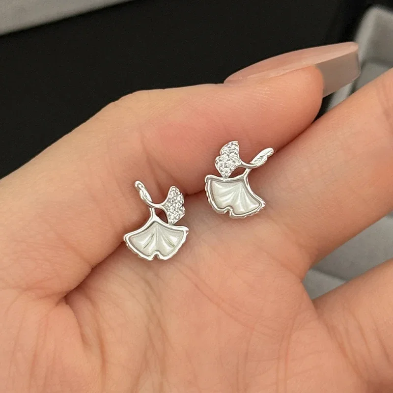 S999 Sterling Silver Needle Trendy Zircon Enamel Leaf Stud Earrings for Charm Women Fashion Jewelry Elegant Plant Accessories