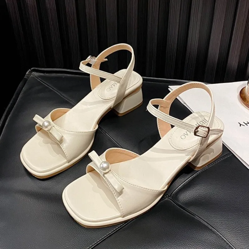 

Summer New Womens Shoes Fashion Imitation Pearl High Heeled Sandals for Woman French Casual Shoes Designer Shoes Sandalias Mujer
