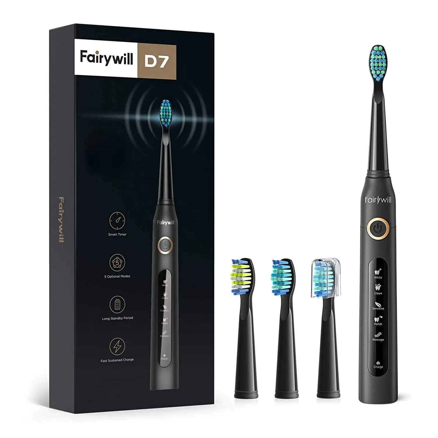 Fairywill elektrische sonische tandenborstel USB Charge FW-507 oplaadbare waterdichte elektronische tandenborstels vervangende koppen volwassene