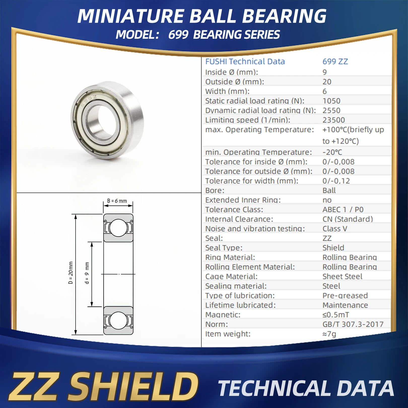 FUSHI 699ZZ 699 2RS Bearing 9x20x6 mm 10Pcs S699 2RS S699ZZ Stainless Steel Hybrid Ceramic 699 Flange 699 Full Balls For Motors